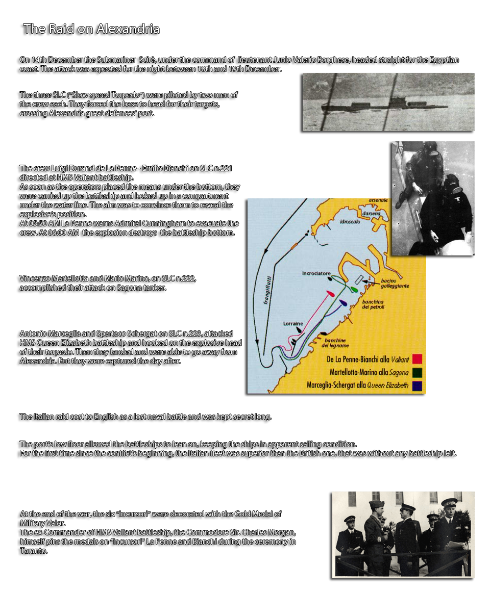 The Raid on Alexandria
On 14th December the Submariner  Scirè, under the command of  lieutenant Junio Valerio Borghese, headed straight for the Egyptian coast. The attack was expected for the night between 18th and 19th December. 
The three SLC ( Slow speed Torpedo ) were piloted by two men of the crew each. They forced the base to head for their targets, crossing Alexandria great defences' port.
The crew Luigi Durand de La Penne - Emilio Bianchi on SLC n.221 directed at HMS Valiant battleship.
As soon as the operators placed the means under the bottom, they were carried up the battleship and locked up in a compartment under the water line. The aim was to convince them to reveal the explosive's position. 
At 05:50 AM La Penne warns Admiral Cunningham to evacuate the crew. At 06:00 AM  the explosion destroys  the battleship bottom.  Vincenzo Martellotta and Mario Marino, on SLC n.222, accomplished their attack on Sagona tanker. 
 Antonio Marceglia and Spartaco Schergat on SLC n.223, attacked HMS Queen Elizabeth battleship and hooked on the explosive head of their torpedo. Then they landed and were able to go away from Alexandria. But they were captured the day after. 
The Italian raid cost to English as a lost naval battle and was kept secret long. 
The port's low floor allowed the battleships to lean on, keeping the ships in apparent sailing condition. 
For the 1st time since the conflict's beginning, the Italian fleet was superior than the British one, that was without any battleship left.  
At the end of the war, the six  incursori  were decorated with the Gold Medal of Military Valor. 
The ex-Commander of HMS Valiant battleship, the Commodore Sir. Charles Morgan, himself pins the medals on  incursori  La Penne and Bianchi during the ceremony in Taranto.



