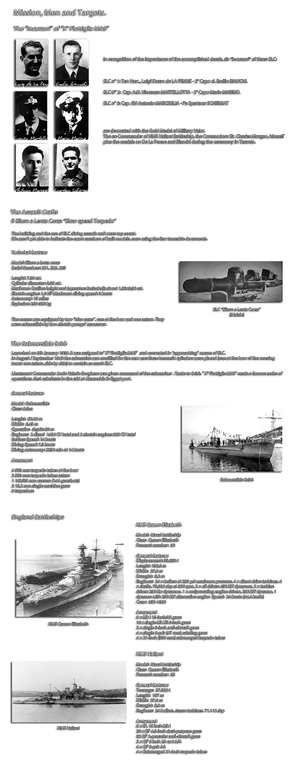 Mission, Men and Targets.
The Incursori of  X° Flottiglia MAS 
In recognition of the importance of the accomplished deeds, six  incursori  of three SLC:
SLC n° 1: Ten Vasc., Luigi Duran de LA PENNE - 2° Capo cl. Emilio BIANCHI.  SLC N° 2:  Cap. A.N. Vincenzo MARTELLOTTA - 2° Capo Mario MARINO.  SLC n° 3: Cap. GN Antonio MARCEGLIA - Pa Spartaco SCHERGAT   are decorated with the Gold Medal of Military Valor. 
The ex-Commander of HMS Valiant Battleship, the Commodore Sir. Charles Morgan, himself pins the medals on De La Penne and Bianchi during the ceremony in Taranto.

Assault craft
 Slow speed Torpedo  - Il Siluro a Lenta Corsa 
The building and the use of SLC diving assault craft were top secret. 
We aren't yet able to indicate the exact numbers of built models, even using the few traceable documents.  

Technical features
Model: Siluro a lenta corsa Serial Numbers: 221, 222, 223  Lenght: 7,30 mt. Cylinder diameter: 0,53 mt. Maximum Outline height and (operators included): about 1,30x0,90 mt.
Electric engine: 1,6 HP Maximum diving speed: 3 knots
Autonomy: 15 miles
Esplosive: 260-300 kg 
The means was equipped by two  trim cases , one at the bow and one astern. They were exhaustible by two electric pumps' maneuver. 

The Submersible Scirè
Launched on 6th January 1938. It was assigned to  X° Flottiglia MAS   and converted in  approaching  means of SLC. 
In August / September 1940 the submarine was modified for the new use: three hermetic cylinders were placed (one at the bow of the conning tower one astern, side by side) to contain as much SLC.
Lieutenant CommanderJunio Valerio Borghese was given command of the submariner . Tanks to Scirè,   X° Flottiglia MAS  made a famous series of operations, that culminate in the raid at Alexandria in Egypt port.


General features

Model : Submersible Class: Adua
 Lenght:  60,18 m Width:  6,45 m  Operative depth:  80 m  Enginers:  2 diesel  1400 CV total and 2 electric engines 800 CV total  Surface Speed: 14 knots 
Diving Speed: 7,5 knots  Diving autonomy: 2200 min at 14 knots  Armament   4 533 mm torpedo tubes at the bow
2 533 mm torpedo tubes astern
1 102/35 mm cannon (144 gunshots) 2 13,2 mm single machine guns 6 torpedoes 
England Battleships


HMS Queen Elizabeth  Model:  Naval battleship Class:  Queen Elizabeth   Pennant number:  00  General features
Displacement: 33.550 t Lenght: 196,6 m Width:  27,6 m  Draught:  9,2 m   Enginers:  24 × boilers at 285 psi maximum pressure, 4 × direct drive turbines, 4 × shafts, 75,000 shp at 300 rpm, 2 × oil driven 450 kW dynamos, 2 × turbine driven 200 Kw dynamos, 1 × reciprocating engine driven, 200 kW dynamo, 1 dynamo with 200 kW alternative engine  Speed:  24 knots (44,4 km/h)
Crew:  950-1300   Armament
8 × Mk I 15-inch/42 guns
16 x single Mk XII 6-inch guns
2 × single 3-inch anti-aircraft guns
4 × single 3-pdr (47 mm) saluting guns
4 × 21-inch (530 mm) submerged torpedo tubes
 HMS Valiant   Model:  Naval battleship Class:  Queen Elizabeth   Pennant number:  02    General features
Tonnage:  27.500 t   Lenght:  197 m   Width:  27,6 m   Draught:  8,8 m   Enginers:  24 boilers, steam turbines, 71,112 shp

Armament
8 × BL 15 inch Mk I
20 x QF 4.5-inch dual-purpose guns
32 QF 2-pounder anti-aircraft guns
2 × QF 3 inch 20 cwt A/A
4 × QF 3-pdr AA
4 × Submerged 21-inch torpedo tubes

