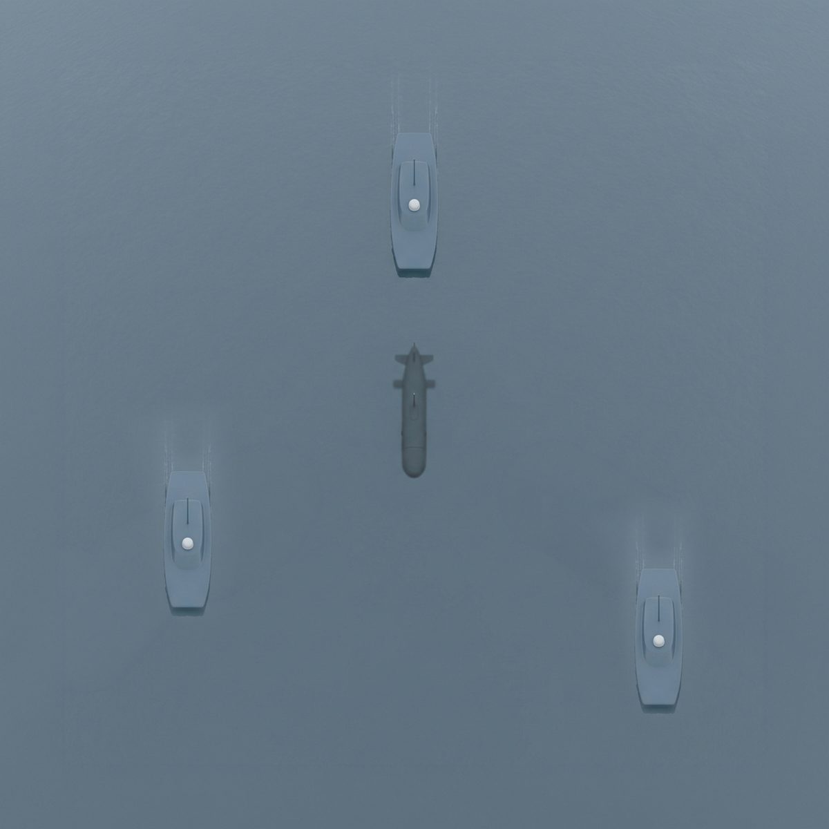 The surface units in formation above the submerged vehicle, with the trilateration lines