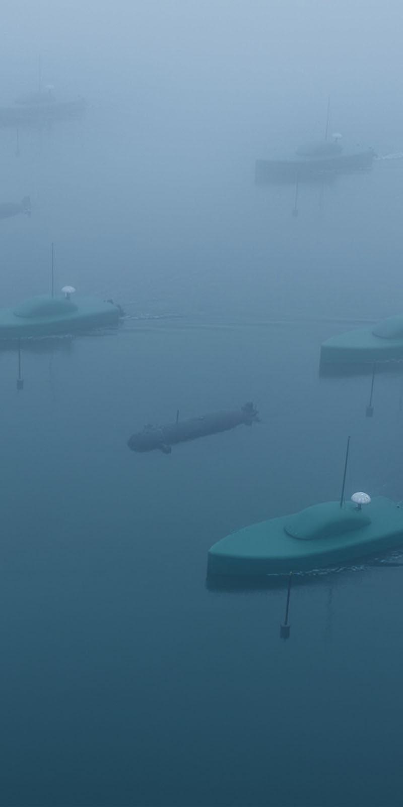 The system in operational configuration: three mobile surface units in formation and the underwater vehicle submerged