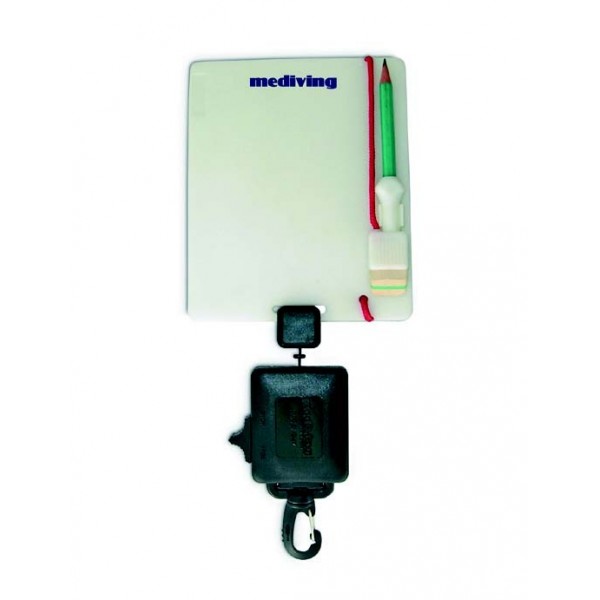 Fluorescent diving slate 13x16 cm with locking retractor.